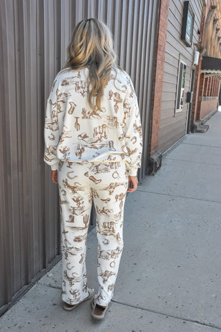 Western Print Crew Neck LS Knit Set