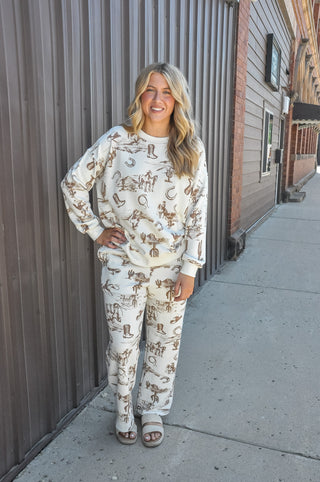 Western Print Crew Neck LS Knit Set