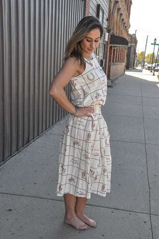 Western Print Sleeveless Top & Smocked Skirt Set