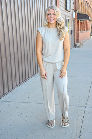 Wide-Leg Drawstring Knit Sleeveless Top & Pants Set