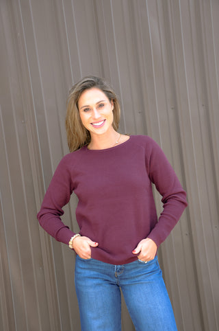 Wide Crew Neck LS Mini Waffle Sweater