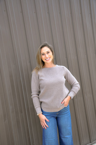 Wide Crew Neck LS Mini Waffle Sweater