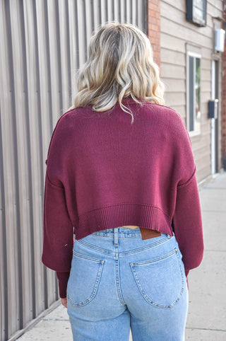 Wine Round Neck LS Crop Knit Sweater