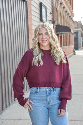 Wine Round Neck LS Crop Knit Sweater