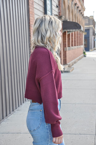 Wine Round Neck LS Crop Knit Sweater