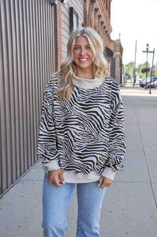 Zebra Print Mock Neck Sweatshirt