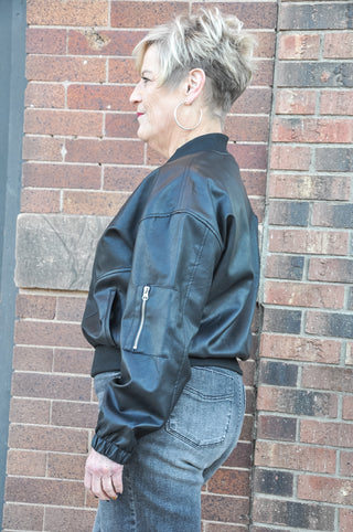 Zip Up Faux Leather Bomber Jacket