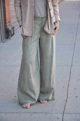 Zipper Front Pleated Wide Leg Pants