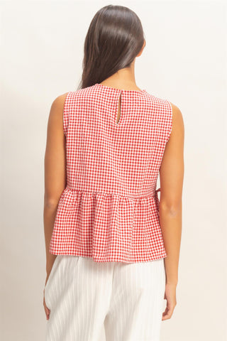 Gingham Sleeveless Peplum Top W/Side Ties