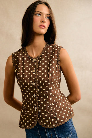 Polka Dot Twill Vest w/Scallop Tape Edge
