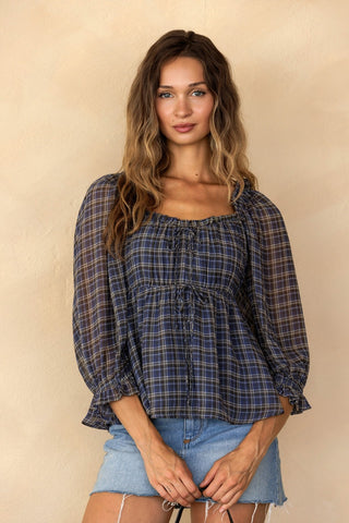 Blue Grey Woven Plaid Peplum Blouse