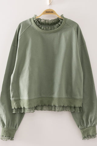 Delicate Lace Ruffle Trim Sweatshirt Top in Sage