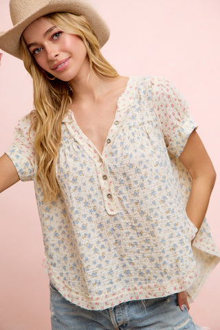 Floral Crinkle Neckdrop SS Blouse Top