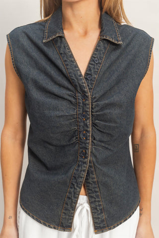 Sleeveless Denim Button-up Top