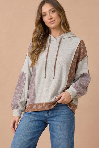 Curvy Floral Color Block Bubble Sleeve Hoodie