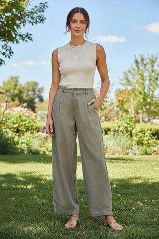 Zipper Front Pleated Wide Leg Pants