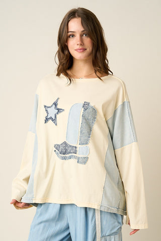 Cream Denim Western Cowboy Boot Star Patchwork Long Sleeve Top