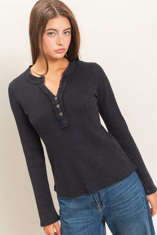 Mineral Wash Waffle Henley Long Sleeve Top