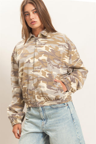 Stone Camo Print Zip-Up Jacket