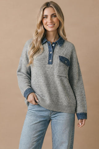 Curvy Polo Denim Collar Oversized Knit Top