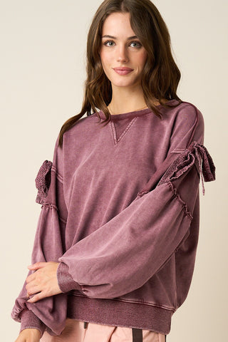 Plum Bow Broderie Applique Mineral Wash Balloon Sleeve Sweatshirt