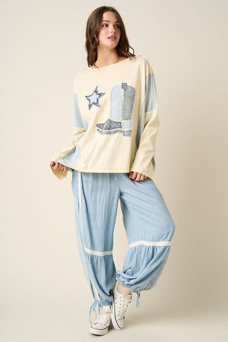 Cream Denim Western Cowboy Boot Star Patchwork Long Sleeve Top