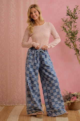 Checker Print Frayed Edge Wide Leg Jeans