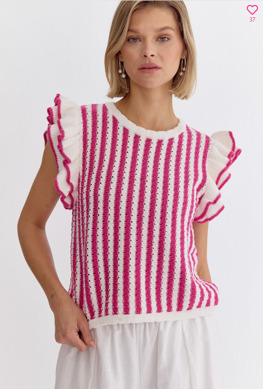 Striped Cropped Knit w/Ruffle Sleeve