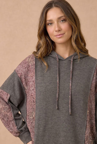 Curvy Bubble Sleeve Floral Hoodie Top