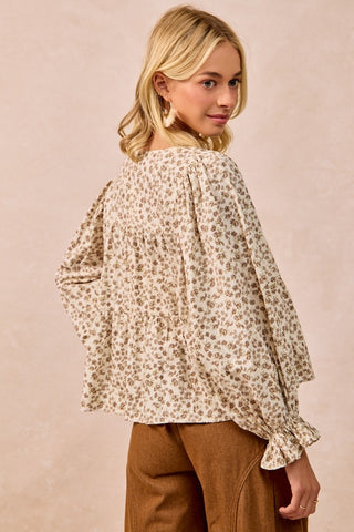 Floral Peplum Top w/Shirring & Bow Tie