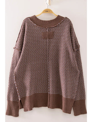 Chocolate Contrast Stitch V-Neck Sweater, view 3 | JQ Clothing Co.