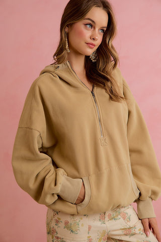 Stitch Detail Elastic Hem Half Zip Fleece Hoodie