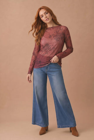 Floral Mesh High Neck Frilled Hem Top