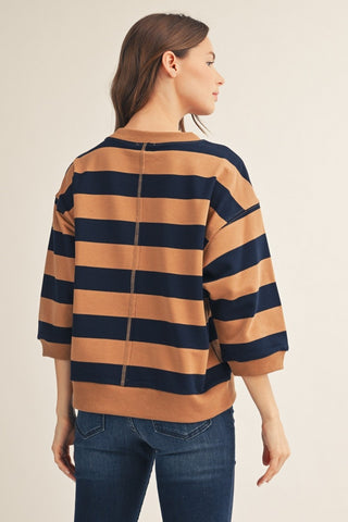 V-Notch Bold Stripe Drop Shoulder 3/4 Sleeve Top