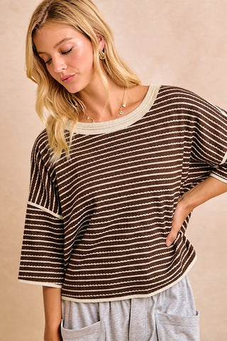 Textured Stripe Binding Detail Knit Top