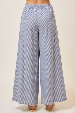 Curvy Pinstripe Wide Leg Pants W/Drawstring