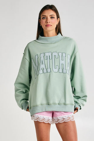 Embroidered "Matcha" Mock Neck Sweatshirt