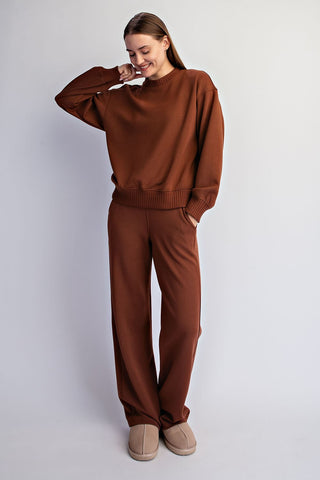 Chestnut modal poly span scuba lounge set with crewneck pullover and wide leg pants