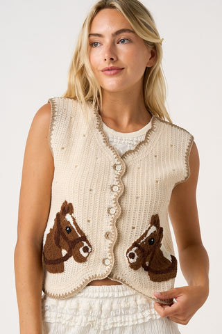 Horse Patch Crochet Knit Sweater Vest