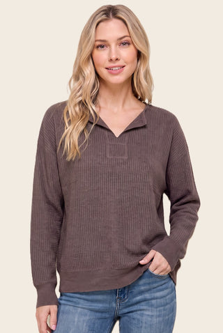 Split Neck Mini Waffle Knit Pullover Sweater