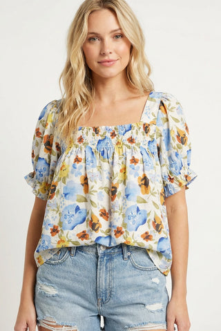 Sq Neck Smocked Floral Print Top | JQ Clothing Co.
