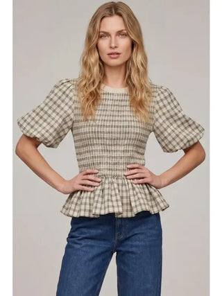 Plaid Smocked Peplum Puff Sleeve Top