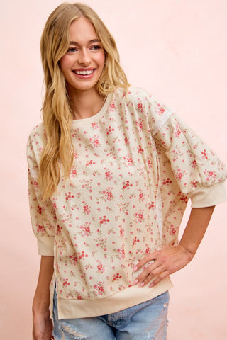 Open Seam Detail Twill Floral Top