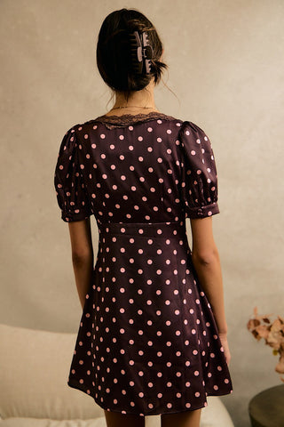 Satin Polka Dot Lace Trim Puff Sleeve Mini Dress