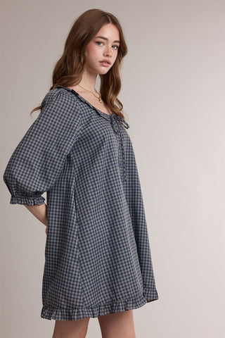 Gingham Tie Neck Ruffle Mini Dress