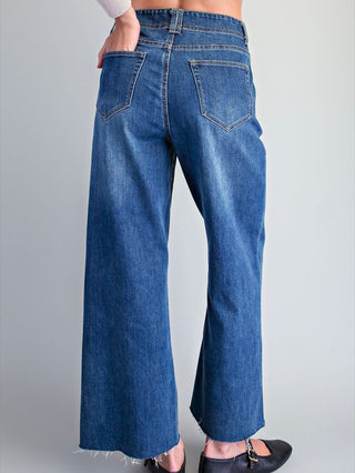Frayed Hem Patch Pocket Wide Leg Denim Pants