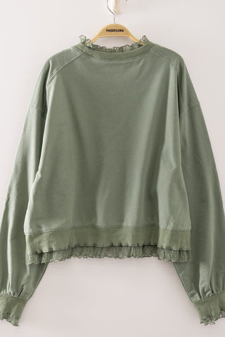 Delicate Lace Ruffle Trim Sweatshirt Top in Sage