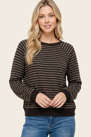 Micro Brushed Stripe Ribbed Crew Neck Top