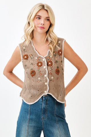 Floral Embroidery Crocheted Vest