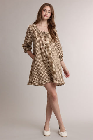 Gingham Tie Neck Ruffle Mini Dress